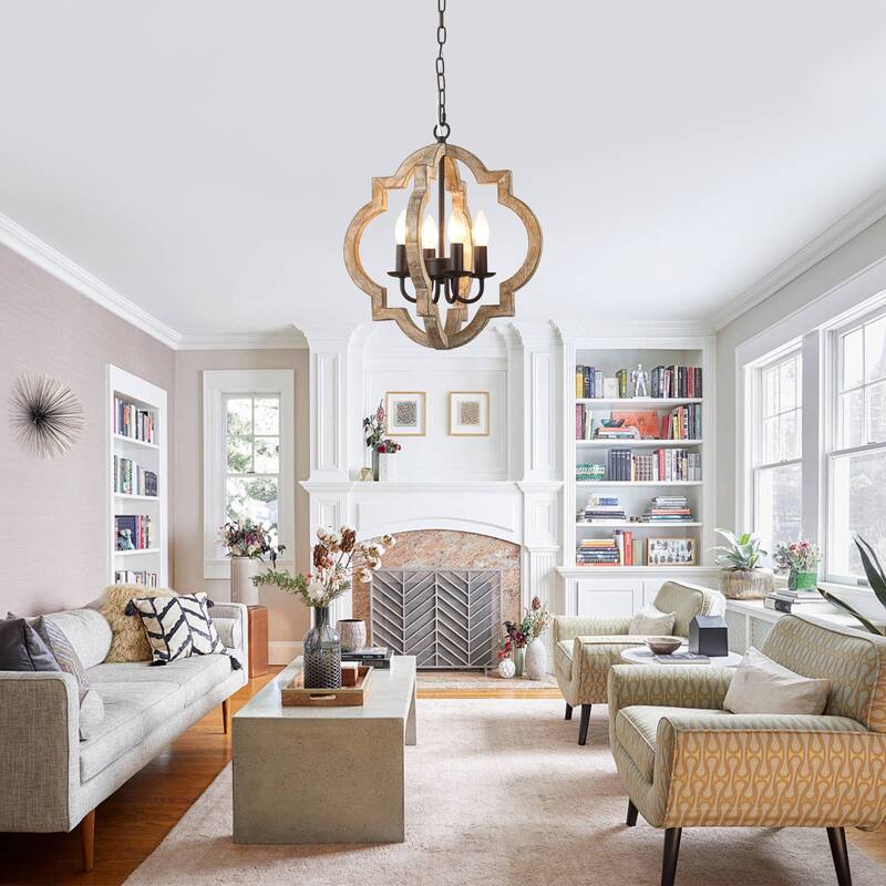 Bella Depot 16" 4-Light Distressed Wood Chandelier Adjustable Pendant Light for Dining Room Bedroom