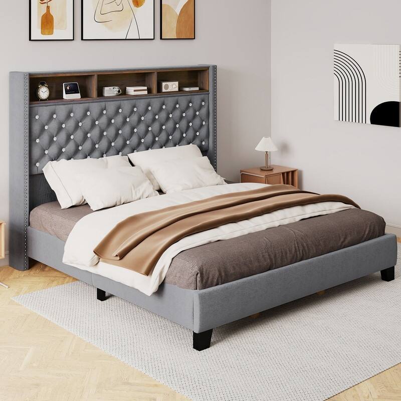 Moasis King Size Velvet Upholstered Bed Frame with Storage Headboard with USB Charging Stations