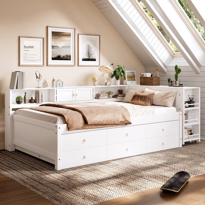 Full/Twin Daybed with Trundle & Storage Drawers - Wood Frame with Side Shelves and Desk