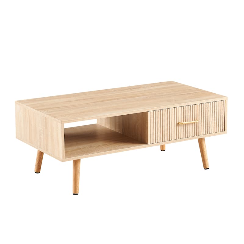 Modern Rectangular Coffee Table with Sliding Drawers and Storage Space, for Living Room, Natural Wood Color