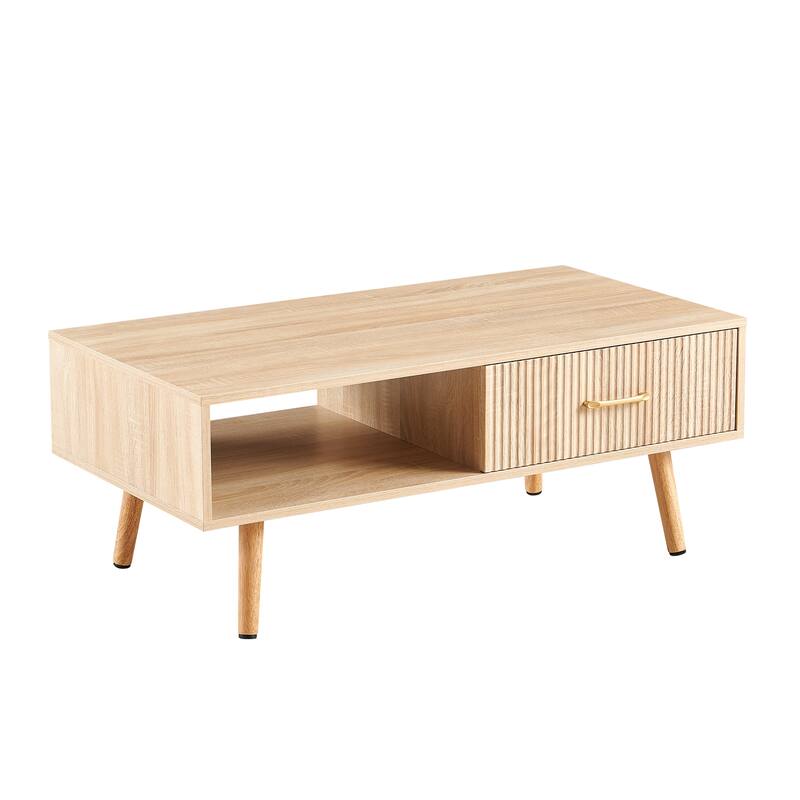 Rectangle Coffee Table with Solid Wood Legs, Sliding Drawer for Storage, Modern Table