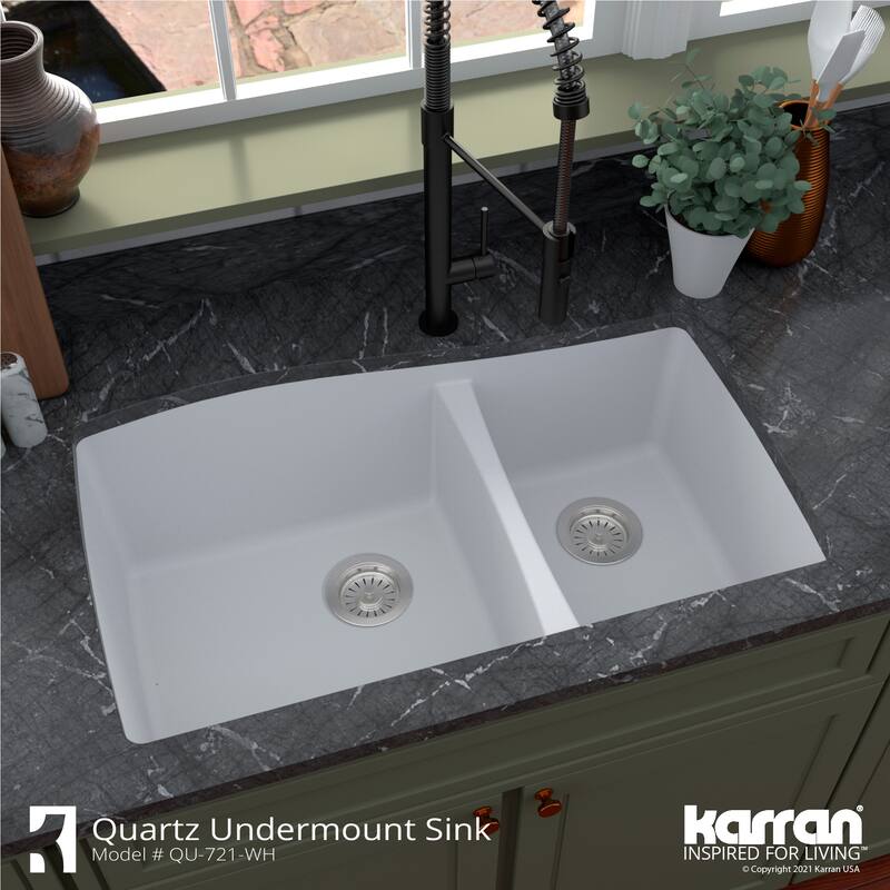 Karran Undermount Quartz 33 in. Double Bowl 60/40 Kitchen Sink with Bottom Grids and Strainers