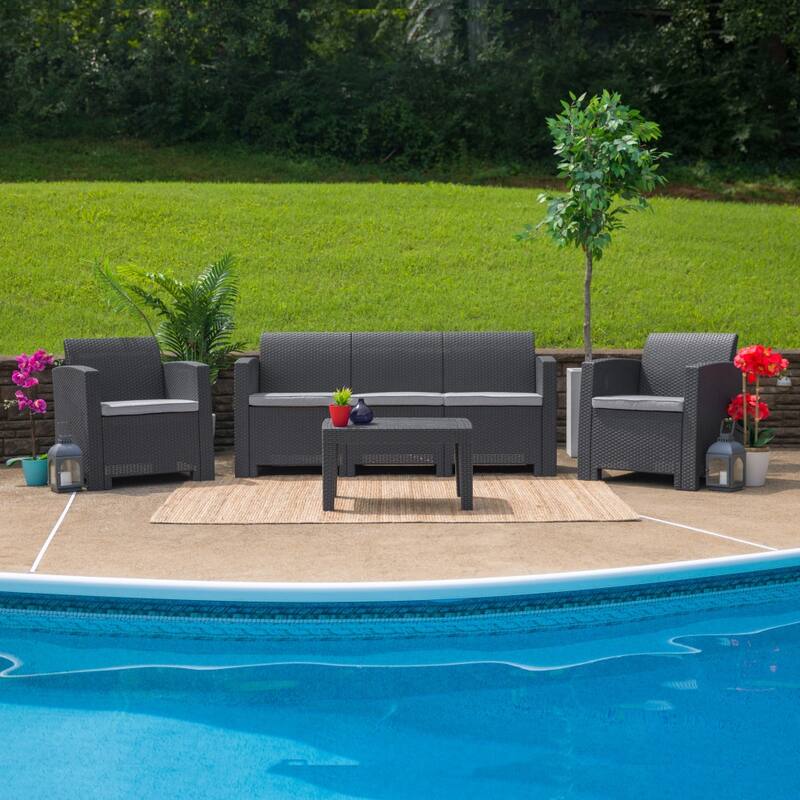 4 Piece Outdoor Faux Rattan Chair, Sofa and Table Set
