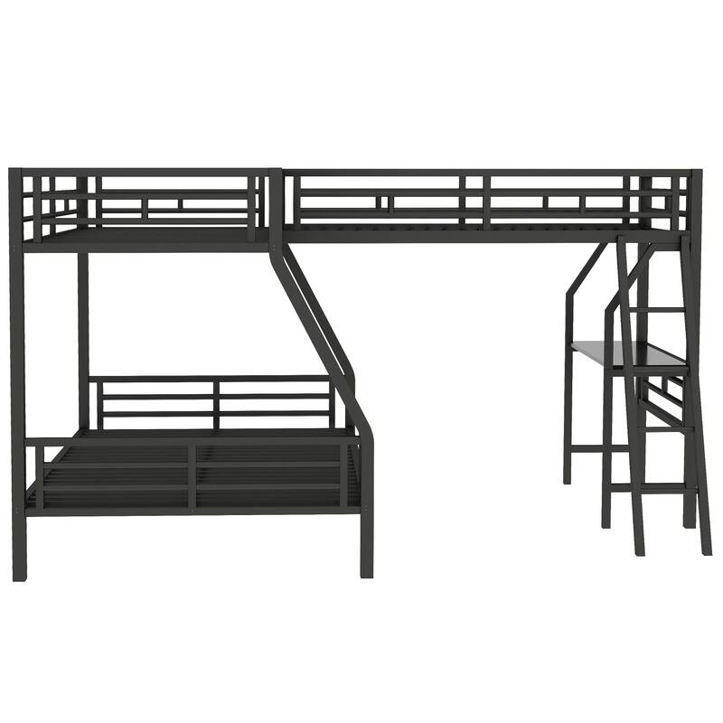 Triple Bunk Bed with Desk, Twin over Full and Loft, Metal Frame, Black