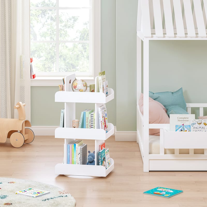 COSTARS Kids Rotating Bookshelf Tower, 3-Tier 360° Spinning Bookcase with Book Display, Revolving Storage Organizer , White