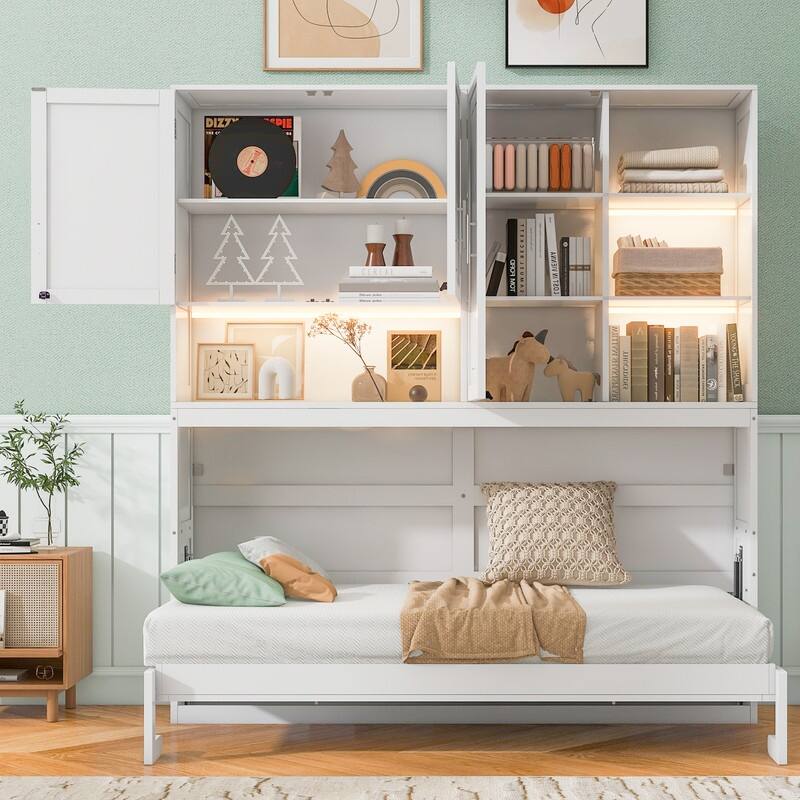 Twin Size Wall Murphy Bed with Top Cabinet, Shelves ,Space Saving Foldable Bed with Light & USB - Twin - White