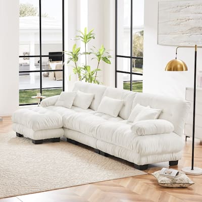 Vintage Chenille Modular Sofa with Bolster Armrests and Plush Cushions and 1 Ottoman for Living Room or Guest Room
