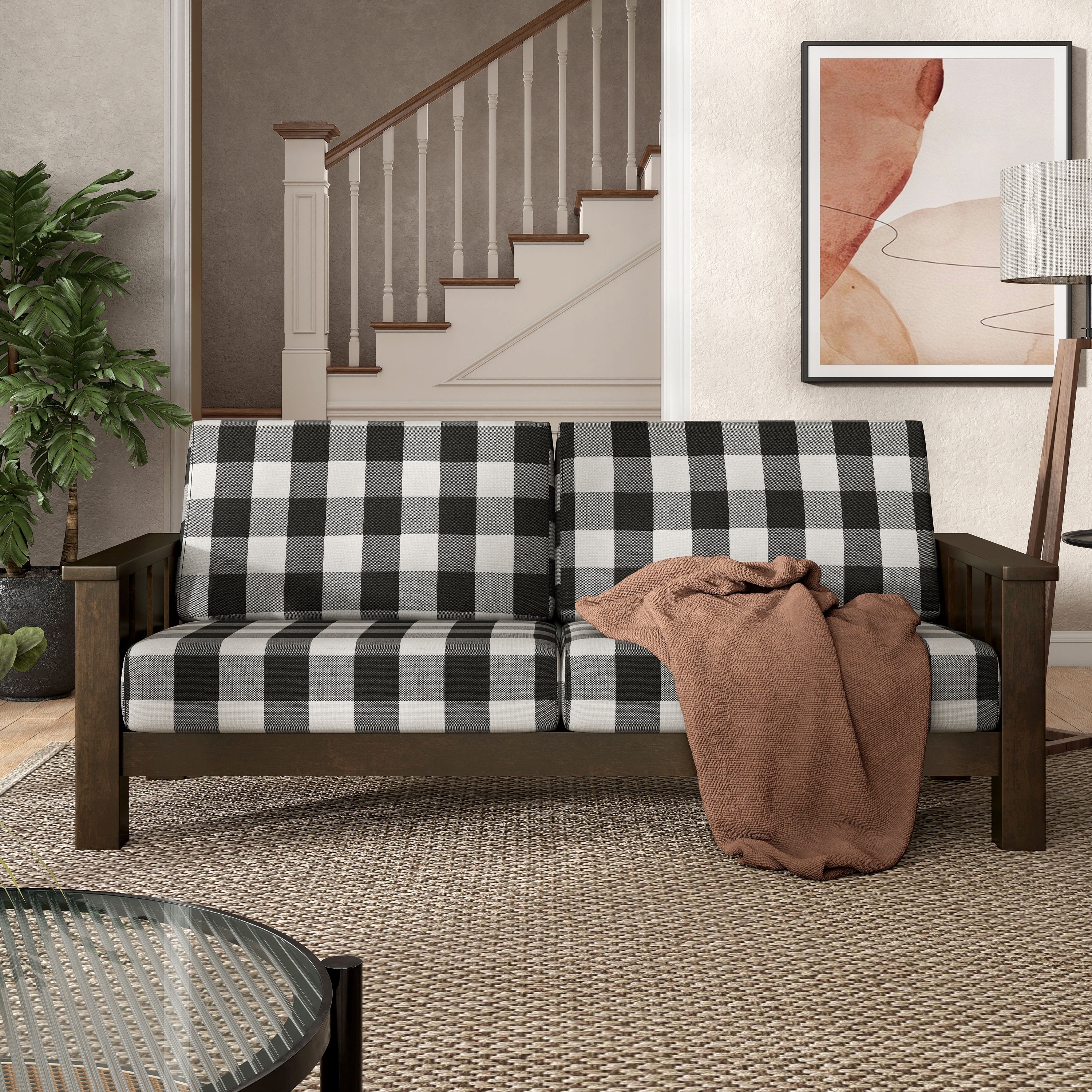 Furniture of America Gavik Wood Plaid Pattern Sofa in Dark Walnut