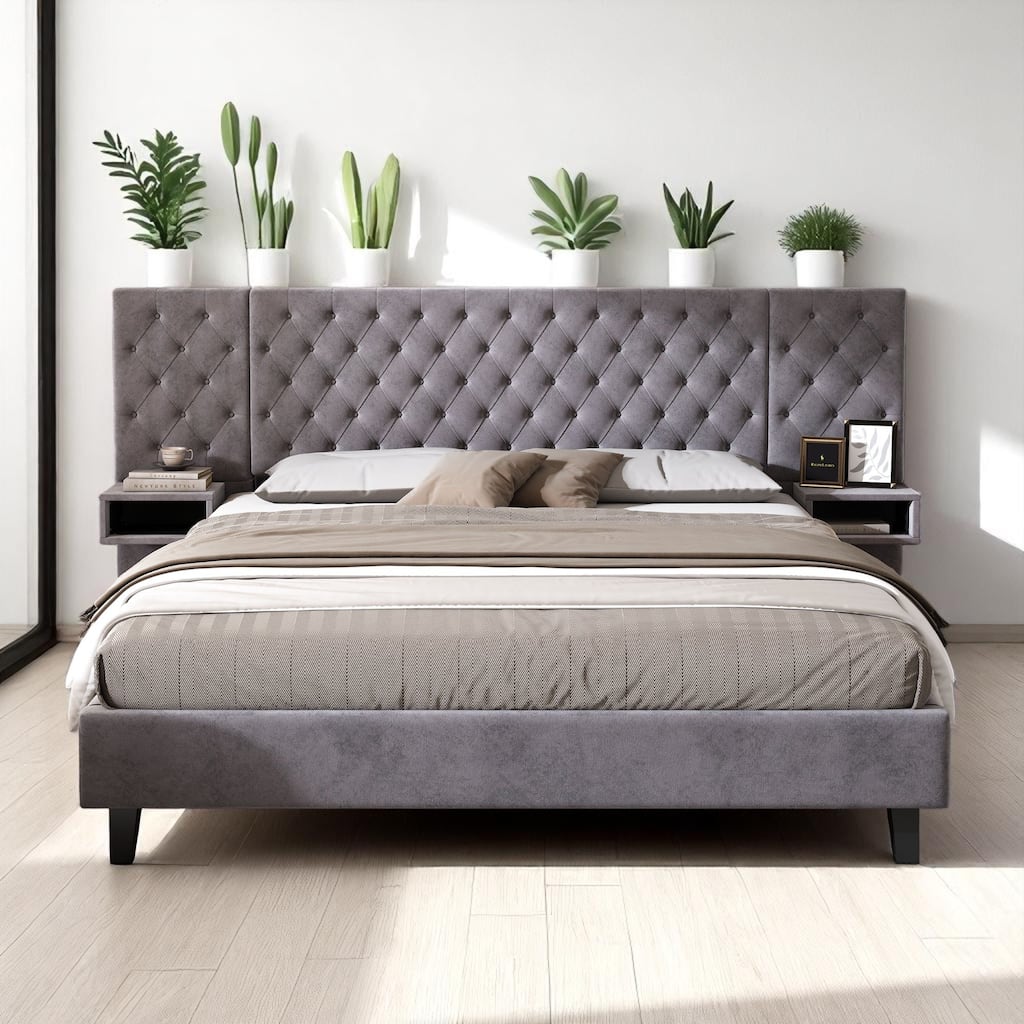 Modern Upholstered Platform Bed King/Queen with Velvet Wingback Headboard and Built-in Nightstands, Easy Assembly