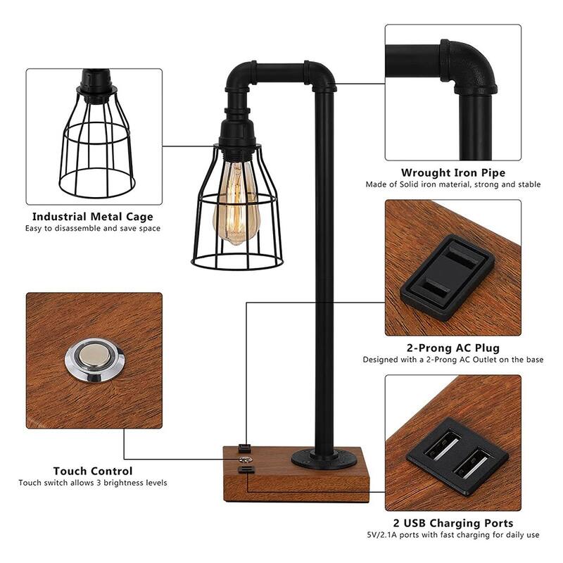 3 Way Dimmable Touch Industrial Table Lamp with 2 USB Ports - 7.48\