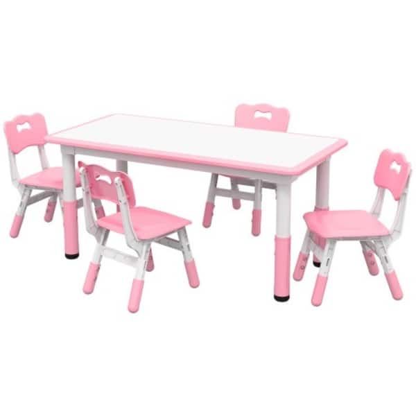 slide 2 of 14, Kids 5-Piece Table and Chair Set with Adjustable Height for Toddlers Aged 1.5-5, Easy to Clean Pink