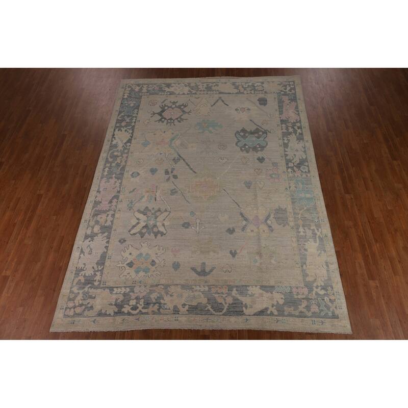 Beige Oushak Turkish Rug Hand-Knotted Oriental Wool Carpet - 8'11"x 11'11"
