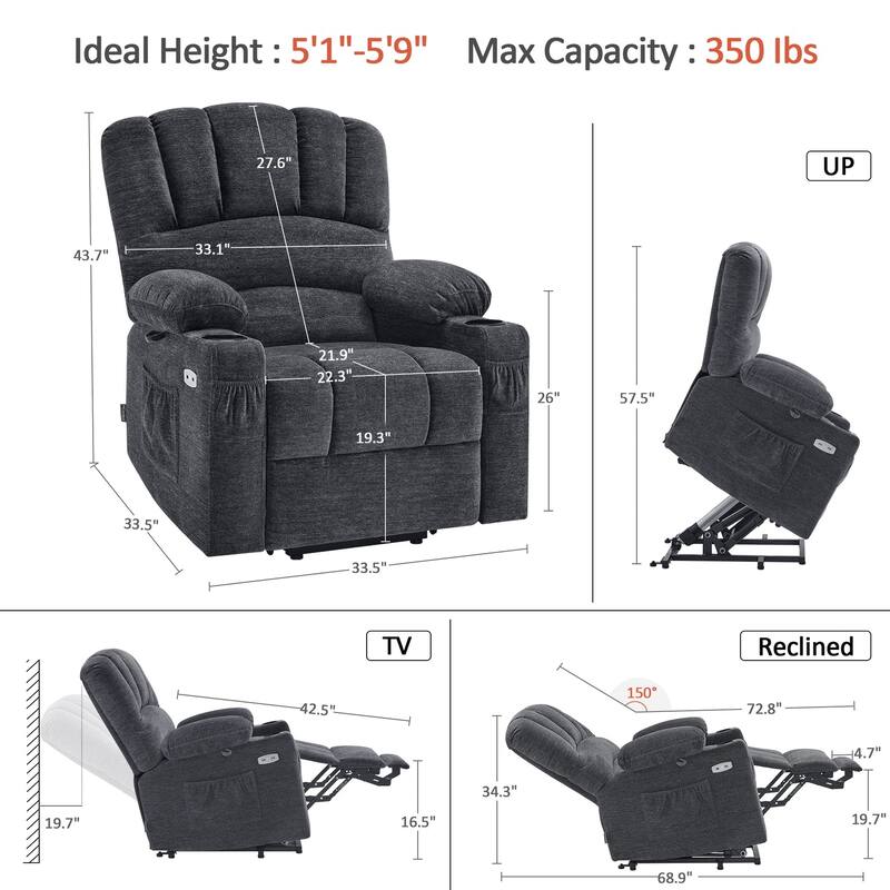 MCombo Power Lift Recliner Chair, Massage and Heat for Elderly, Extended Footrest,Cup Holders, USB Ports 7095