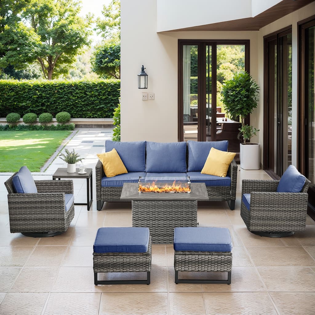 Outdoor Sofa Chairs Ottomans and Fire Table Grey-Blue - Grey