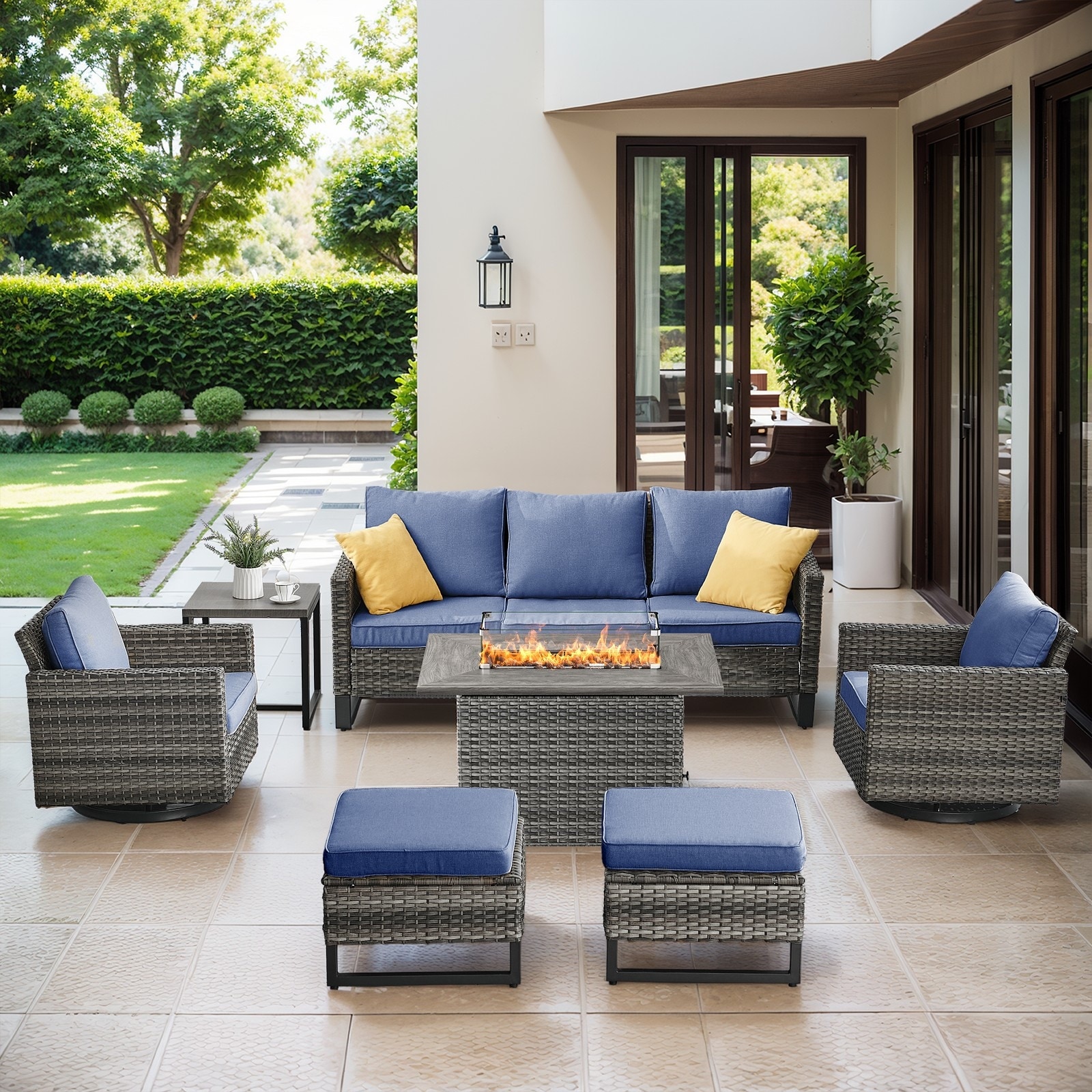 Outdoor Sofa Chairs Ottomans and Fire Table Grey-Blue - Grey
