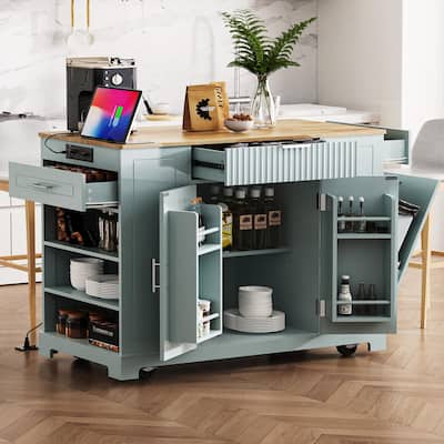 Fluted Kitchen Island with Trash Can Storage Cabinet, Power Outlet, Internal Storage Rack, Rolling Kitchen Islands on 5 Wheels