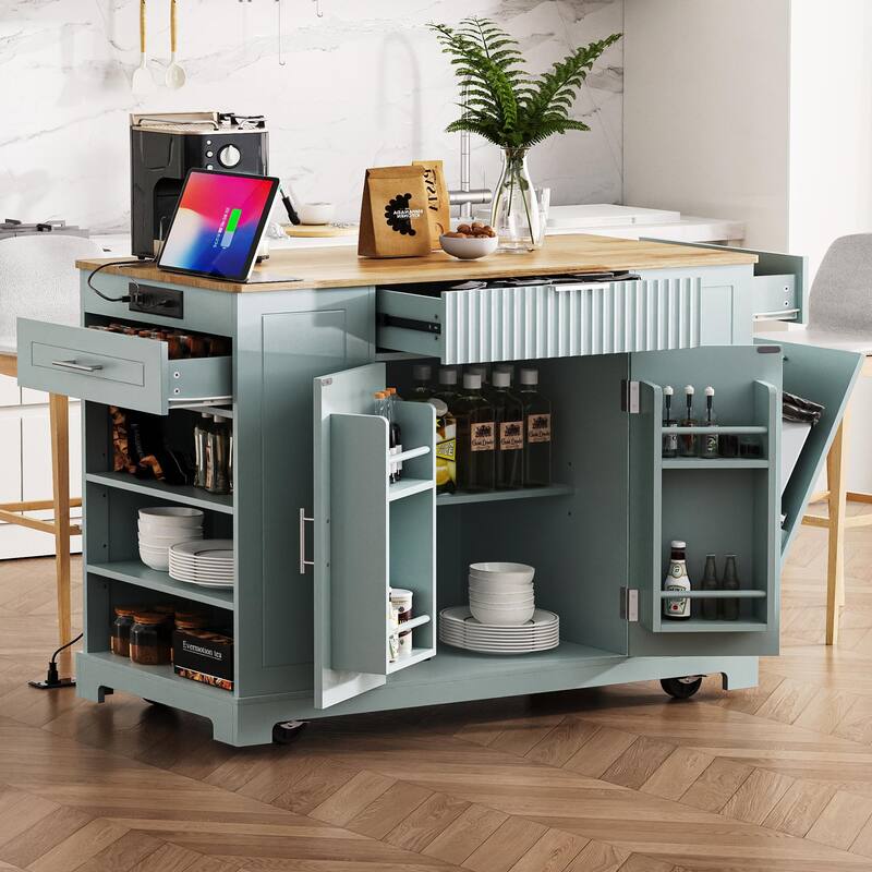 Rolling 48.5" Kitchen Island with Trash Can Storage, Built-in Power Outlet, 3 Drawers, 5 Wheels and Adjustable Shelves