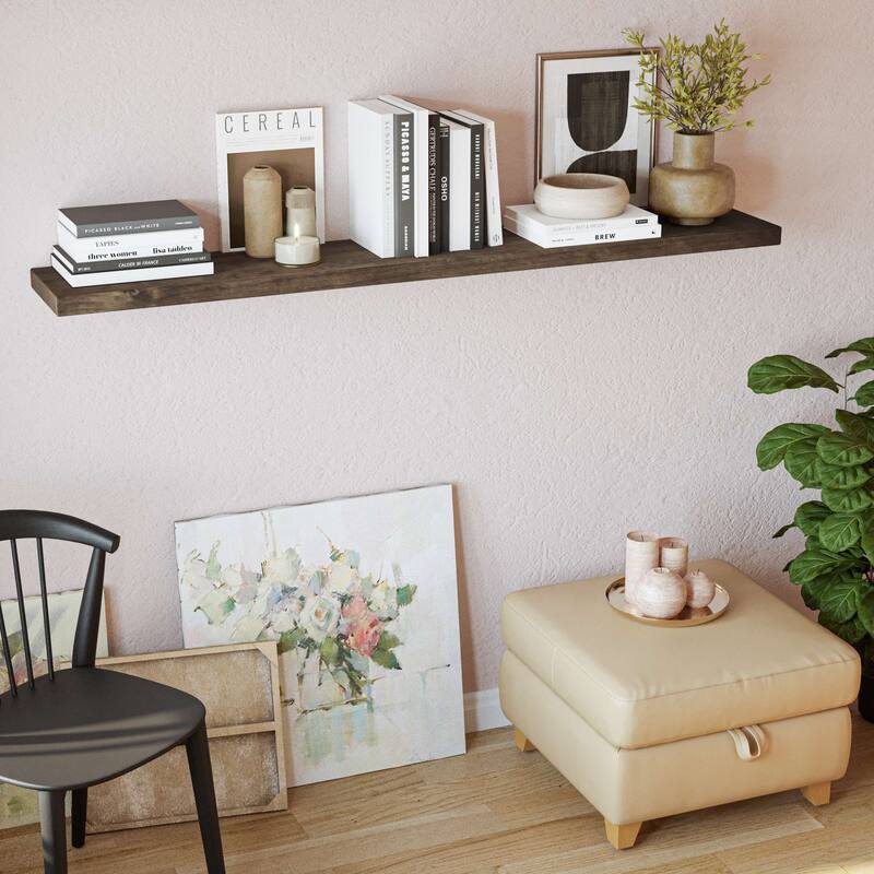 Wallniture Bois Wood Board 60" Long, 9.25'' Deep, 1.5" Thick, Hidden Bracket Shelf, Wall Bookshelf for Living Room, Rustic, 1pc