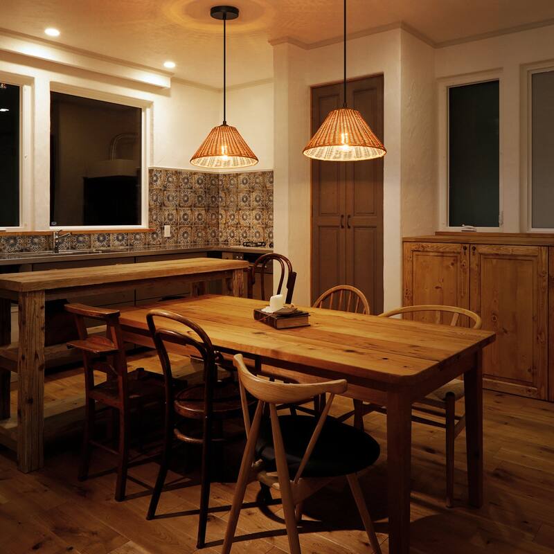 1-Light Farmhouse Straw Hat Hand Woven Chandelier with Natural Rattan Shade