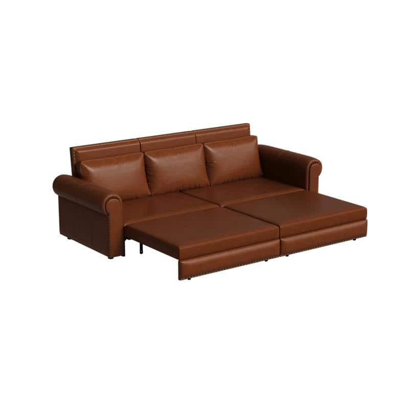 3-in-1 King Pull Out Sofa Bed Chesterfield Sofa, Velvet/Faux Leather Convertible Sleeper Sofa with Nailhead Trim & Rolled Arm