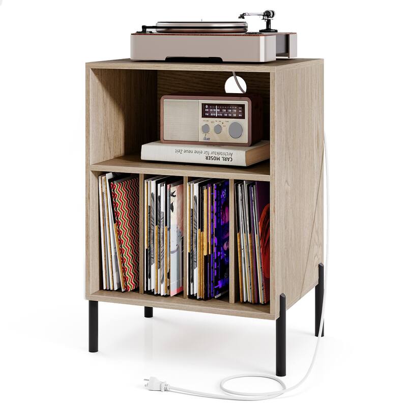 Gymax Record Player Stand w/Charging Station 5 Storage Compartments