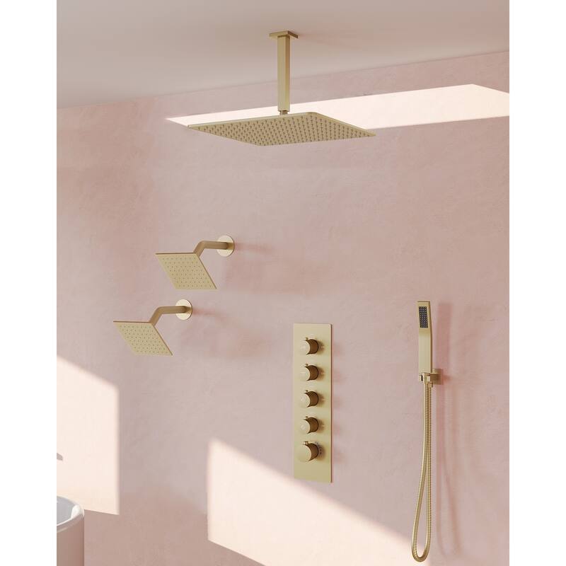 GRANDJOY High Pressure Shower Faucet System 16" Ceiling and dual 6" Wall Mounted Shower Head Combo Handheld Shower Spray