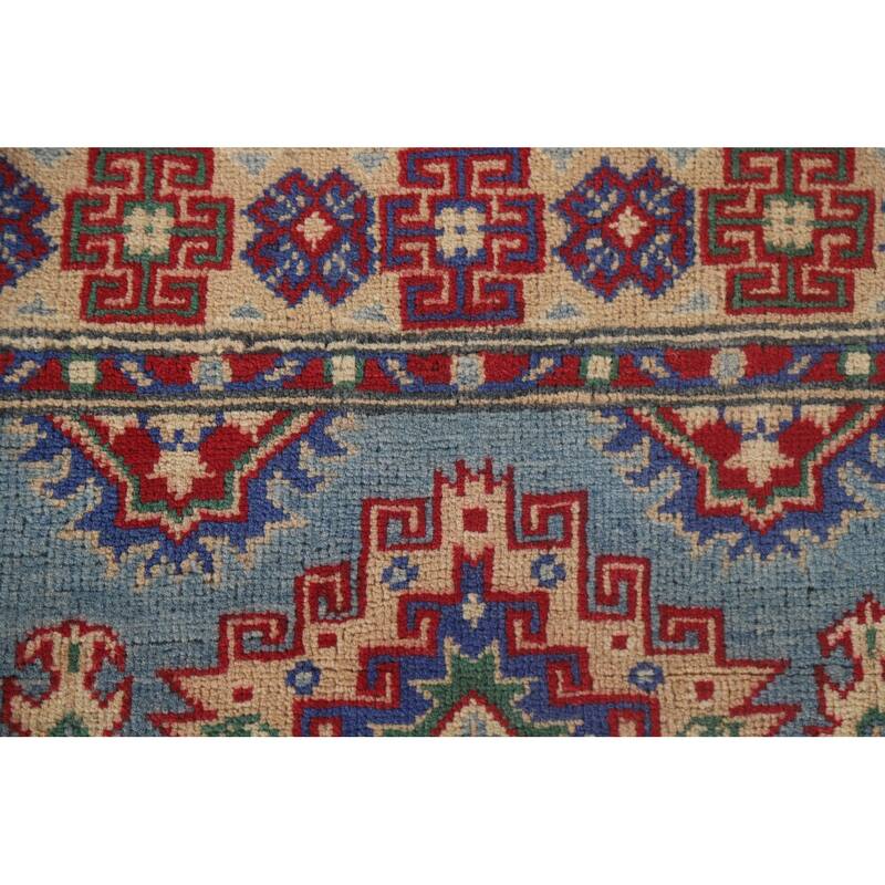 Hand Knotted Oriental 100% Wool Carpet Traditional Geometric Navy Blue & Blues Kazak Area Rug - 6' 4'' X 2' 9''