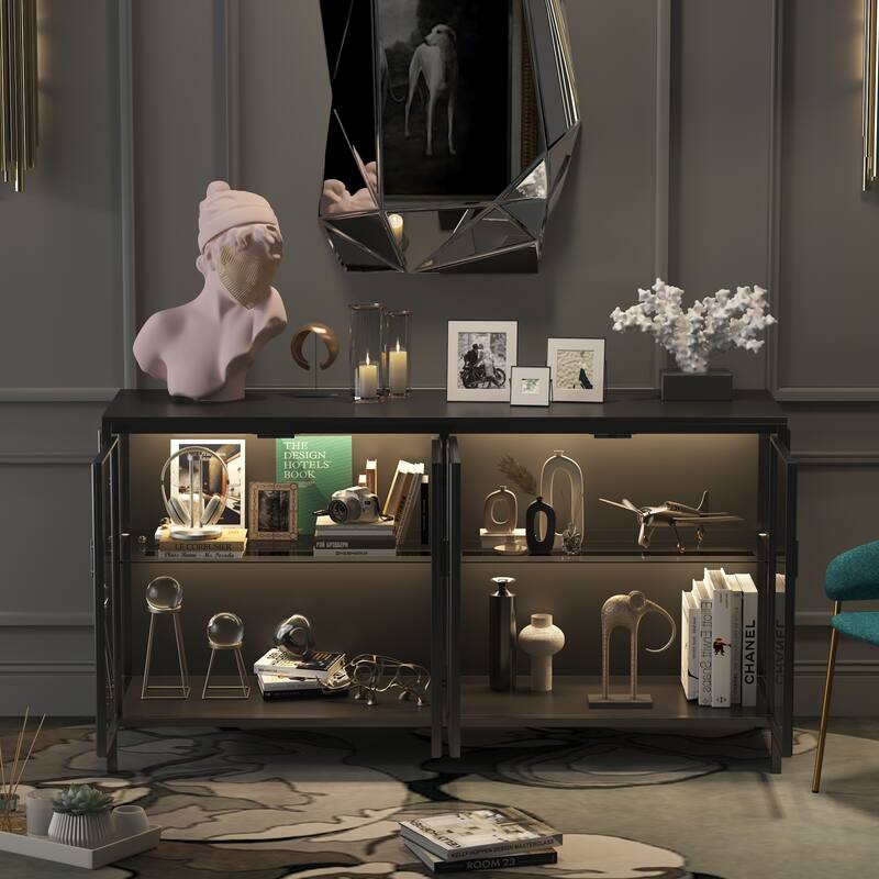 Display Storage Cabinet with Glass Shelves & Lighting Booshelf - 55.1"