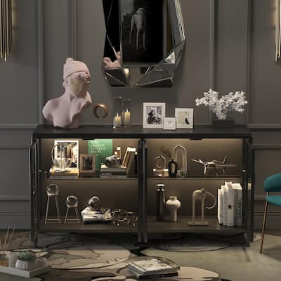 Display Storage Cabinet with Glass Shelves & Lighting Booshelf - 55.1"