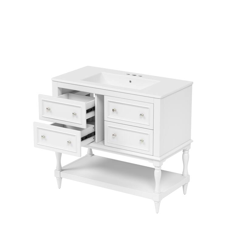 Bathroom Vanity with Ceramic Sink, Solid Wood Vanity Set with 4 Drawers, Bathroom Storage Cabinet with Open Shelf