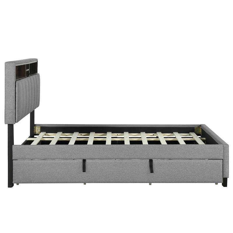 Full Size Upholstered Storage Bed with USB Ports, Twin Trundle & Drawers, Gray Linen Fabric