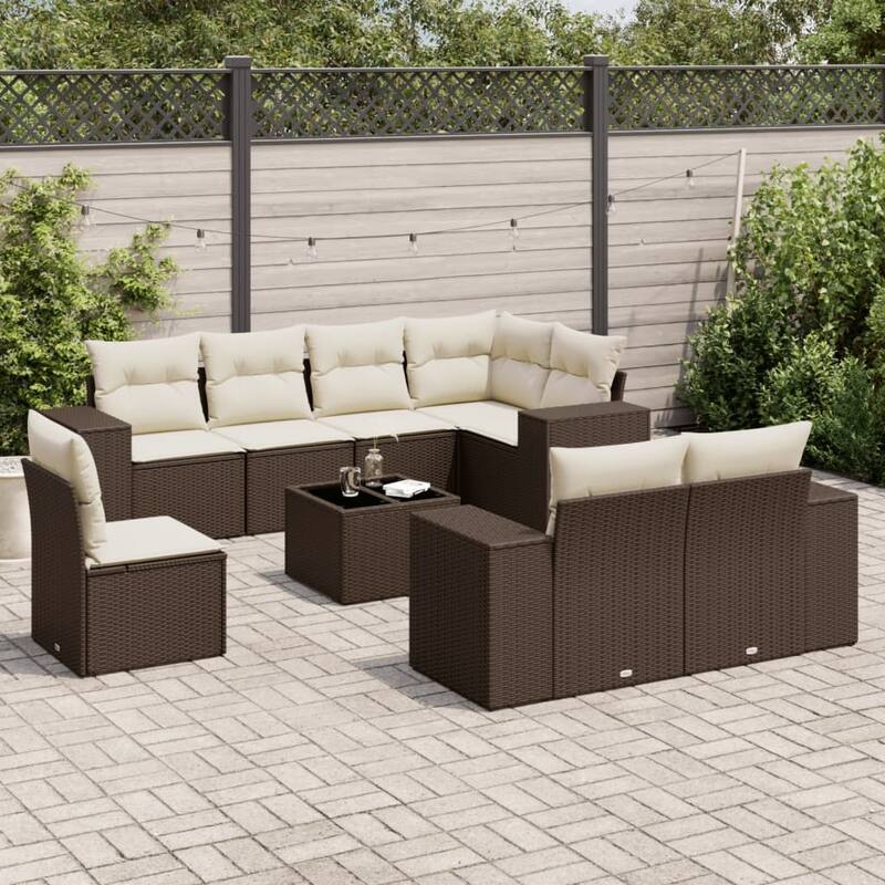 vidaXL Patio Sofa Set with Cushions Outdoor Conversation Furniture Poly Rattan - Brown and cream - 24.4 x 36.6 x 27.2