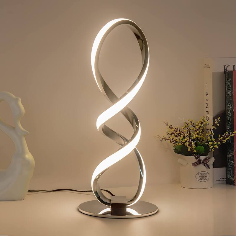 LED Modern Table Lamp, Small Unique Bedside Spiral Lamp Stepless Dimmable Silver Nightstand 12W, 3200K Warm White Desk Lamp