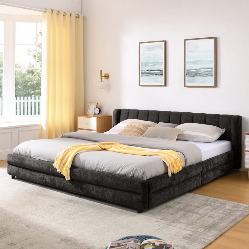 King Upholstered Bed Frame with Storage Drawer, Thick Padded Headboard & Solid Frame in Chenille Fabric