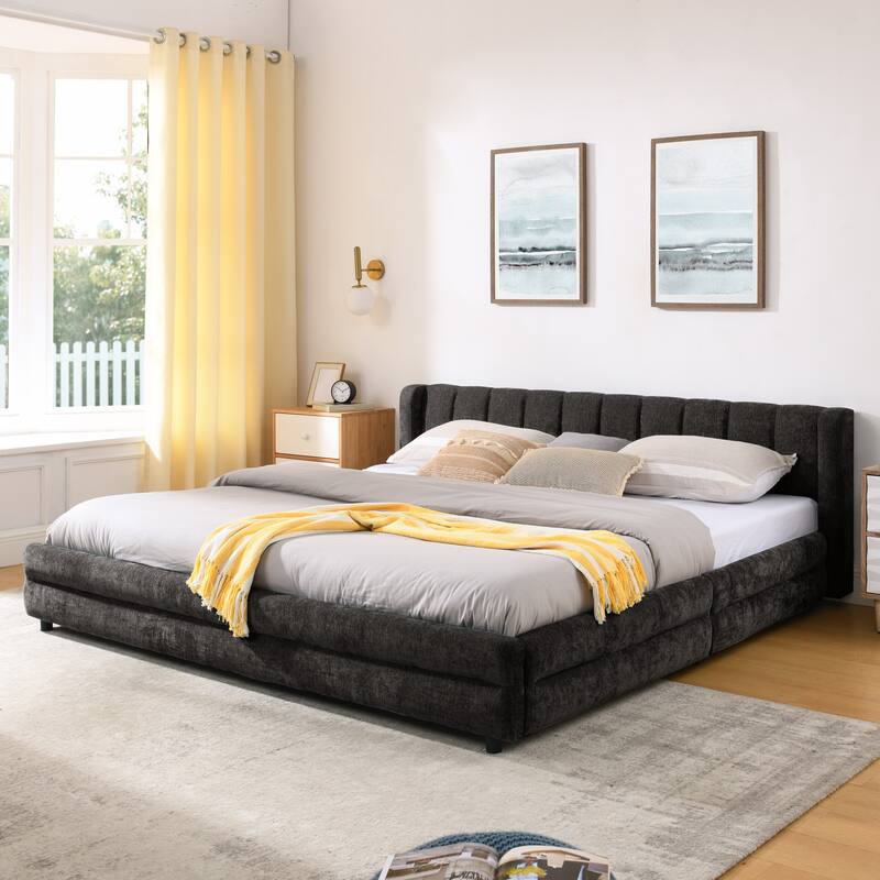 Roomfitters King Size Upholstered Bed Frame with 4 Storage Drawers and Channel Tufted Wingback Platform Bed Base