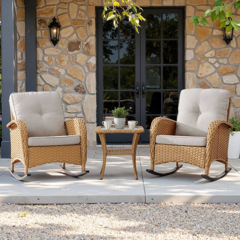 PlainCurve 3-Piece Wicker Outdoor Patio Conversation Set with Rocking Chairs and Olefin Cushions - Beige Cushions - Yellow Wicker