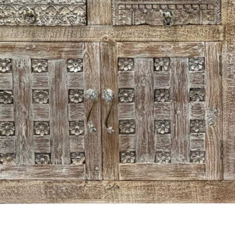 HomeRoots 74" Brown Distressed Solid Wood Carved Floral Four Drawer Sideboard with Four Doors