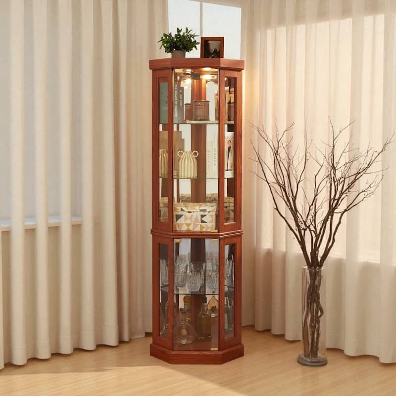 Corner Lighted Glass Curio Cabinet with Adjustable Shelves, Mirrored Back and Display Doors