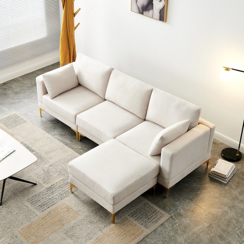 92'' Fabric L-Shape 3-Seater Sofa with Ottoman, Gold Metal Legs, and Toss Pillows