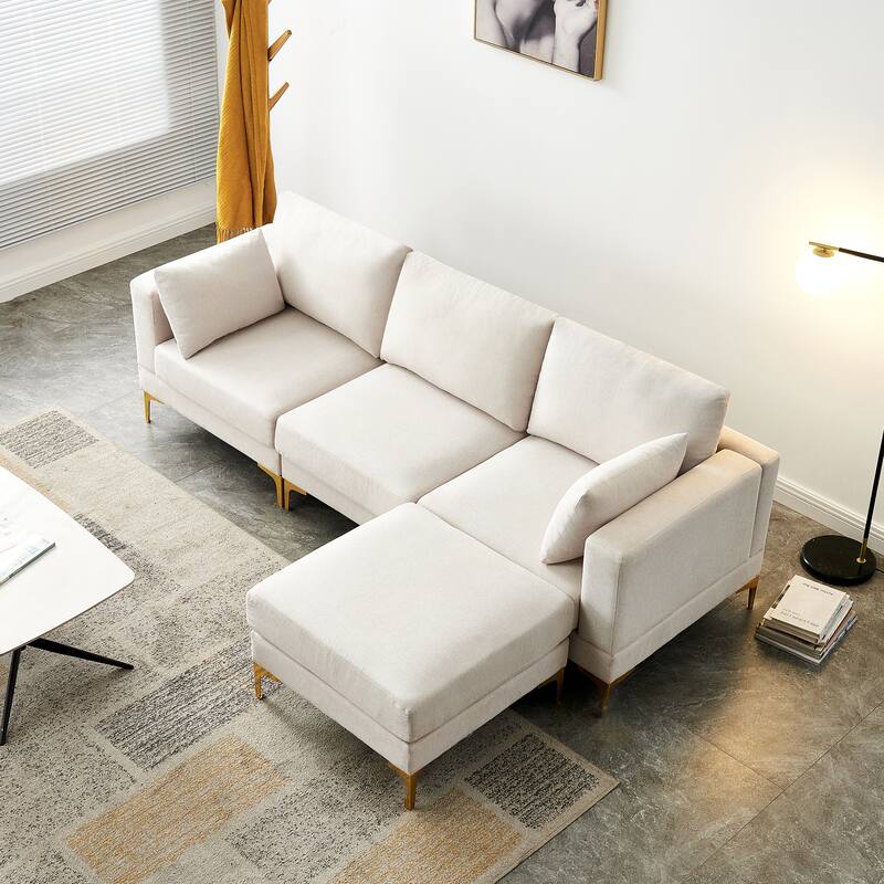 Beige 92'' Modern Turquoise L-Shaped 3-Seater Sofa with Ottoman and Gold Metal Legs