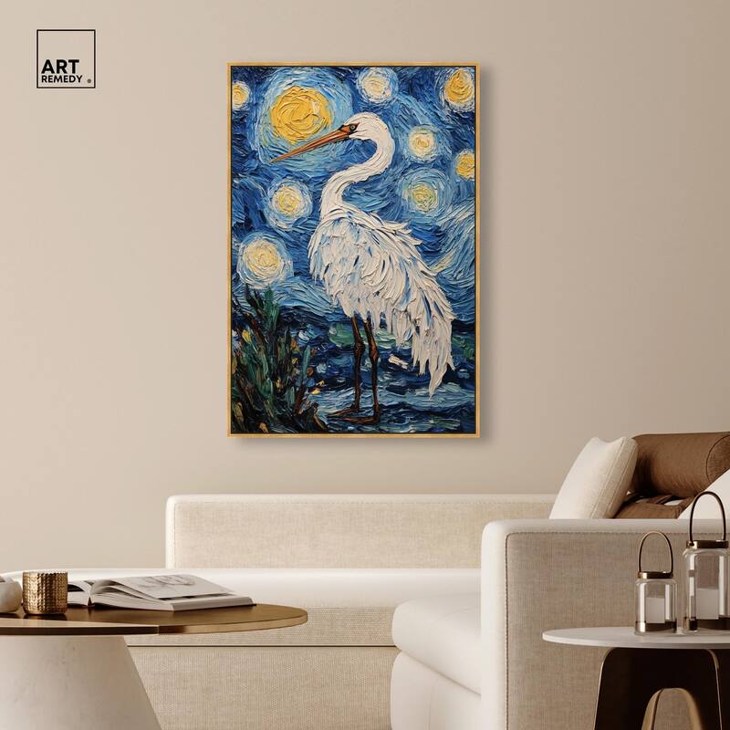 Crane in Starry Night Canvas by Art Remedy