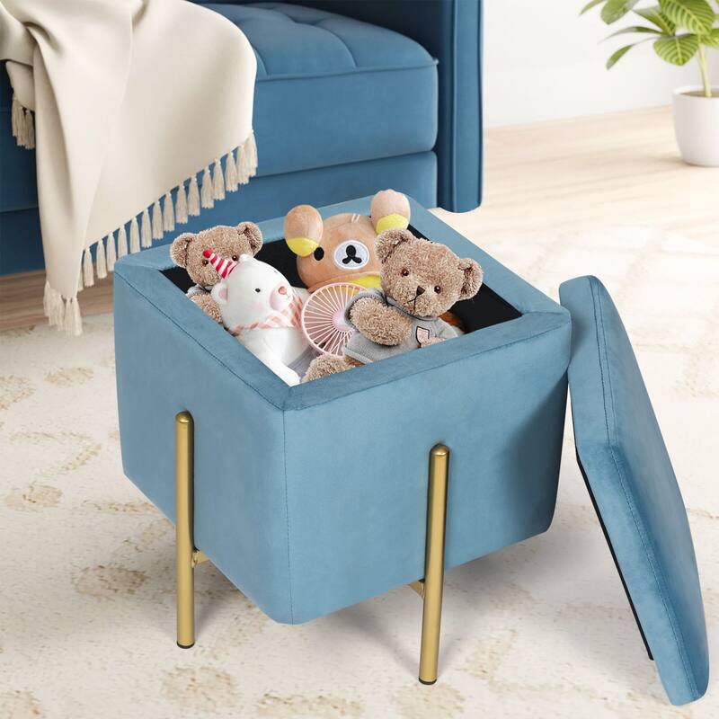 Adeco Square Velvet Storage Ottoman Multi-Function Vanity Footstool