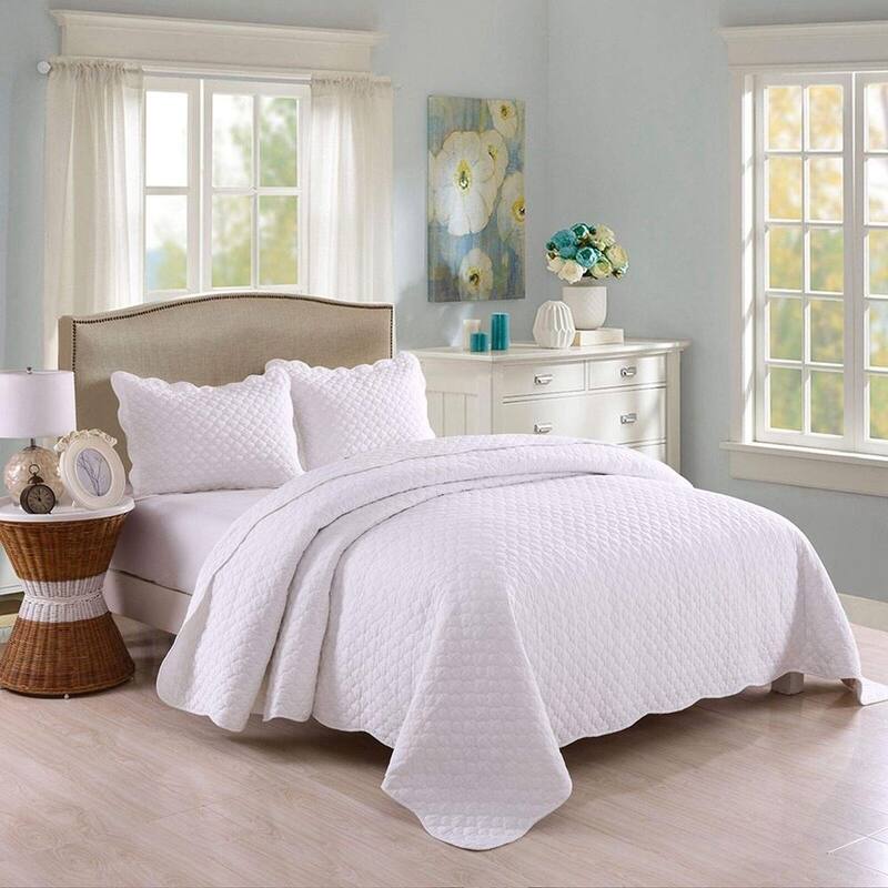3pc King Size 100% Cotton Quilt Set Lightweight Bedspread White