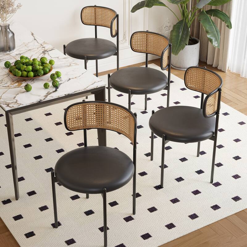 Dining Chairs Set of 2, PU Leather Upholstered Seat with Woven Rattan Back, Sturdy Metal Legs Modern Side Chairs