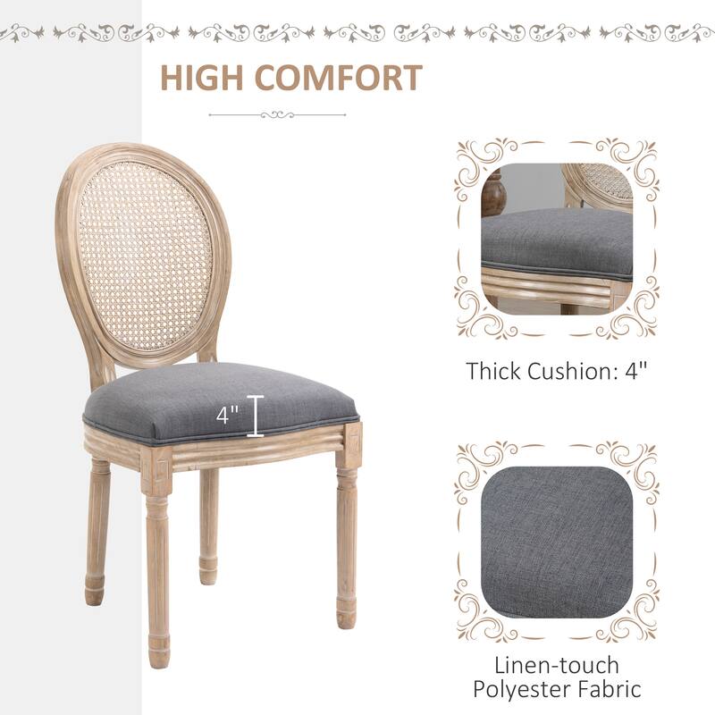 Grey Linen-Polyester Fabric Dining Chair with Curved Rattan Back Set of 2 - 19.3" L x 22" W x 37.8" H