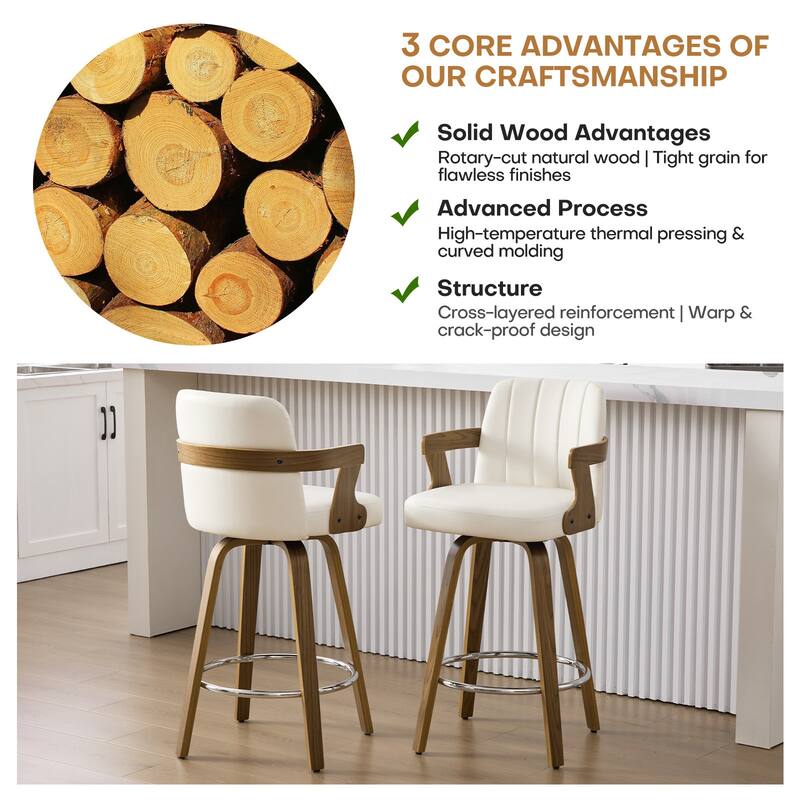 Upholstered Swivel Barstool with Arms and Bentwood Legs - 40.8"H x 18.9"W x 19.5"D/19.3"D