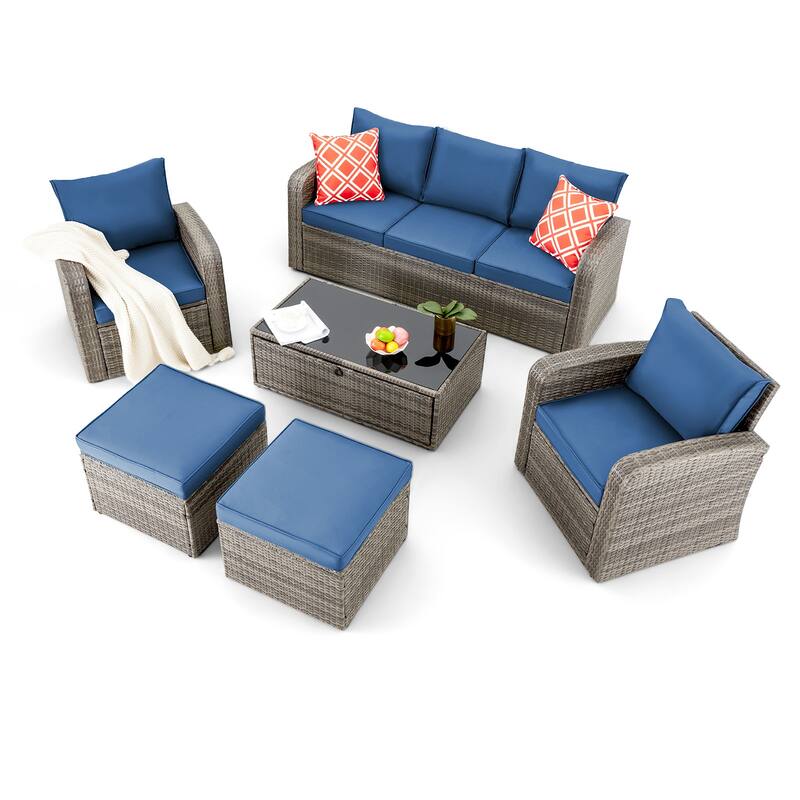 EROMMY 6/7 Piece Modular Outdoor Rattan Sofa Set, All-Weather Wicker Patio Furniture with Storage Table, Cushions & Pillows