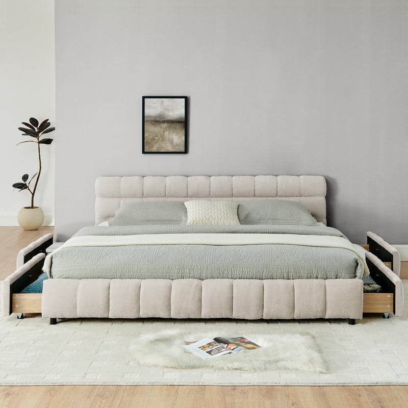 King Size Chenille Fabric Upholstered Platform Bed with headboard and 4 Drawer