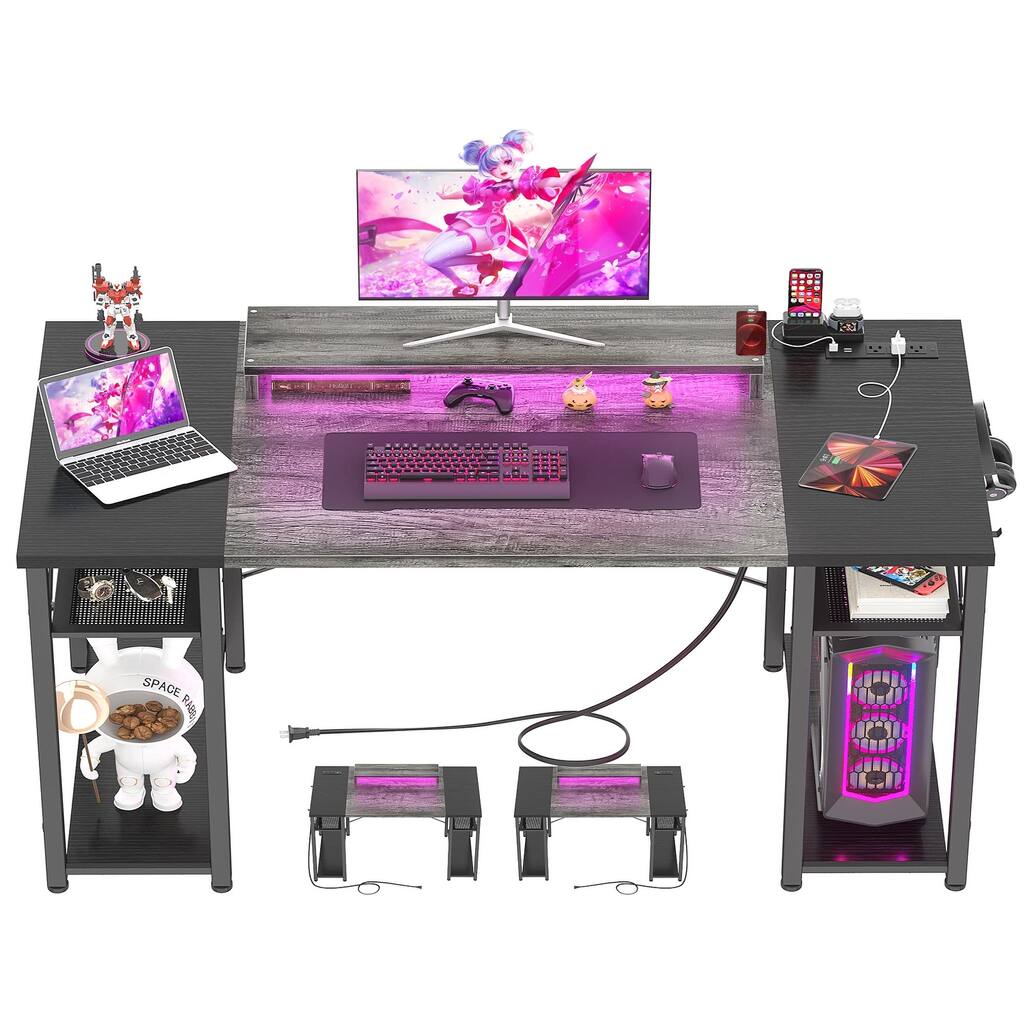 Computer Desk with LED Lights, 48" Reversible Large Desk with Power Outlet and USB, Gaming PC Table Workstation w/ Monitor Stand