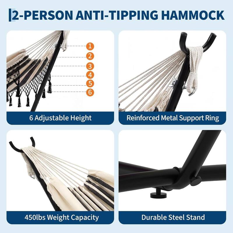 450 LBS Capacity Portable Double Hammock with Stand for Outdoor Patio Backyard Poolside - Beige Stripes